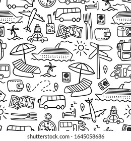 Seamless pattern with hand drawn travel doodles. Simple black outline elements on white background. Flat vector illustration.