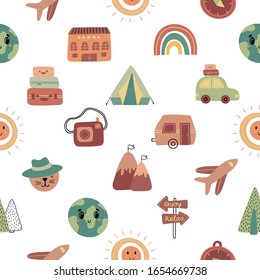 Seamless pattern with hand drawn travel icons. Vector illustration perfect for wrapping, wallpaper, texture, web background.