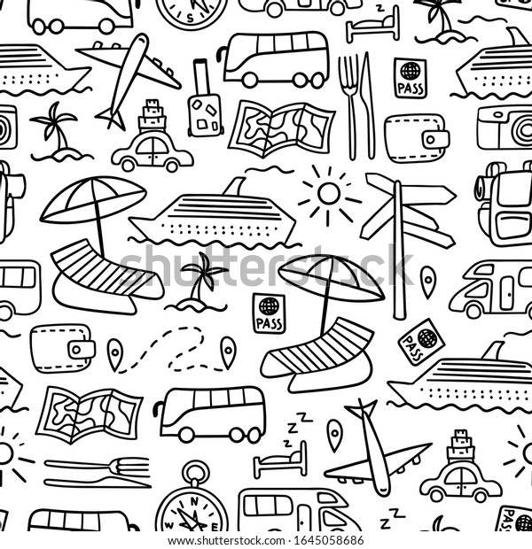 Seamless pattern with hand drawn travel\
doodles. Simple black outline elements on white background. Flat\
vector illustration.