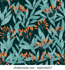 Seamless pattern hand drawn tree branches with leaves and berries botanical flowers floral hand drawn scandinavian style art design element flat vector illustration