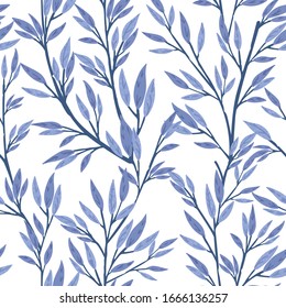 Seamless pattern hand drawn tree branches with leaves botanical flowers floral hand drawn scandinavian style art design element flat vector illustration