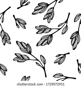 Seamless pattern with hand drawn tree branches on a white background. Doodle, simple outline illustration. It can be used for decoration of textile, paper and other surfaces.