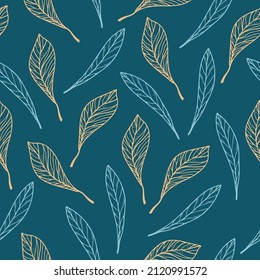 Seamless pattern with hand drawn tree leaves on a blue background. Doodle, simple contour illustration. It can be used to decorate textiles, paper or other surfaces.