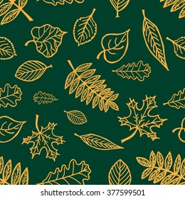 Seamless pattern with hand drawn tree leaves. Orange leaves on green background.