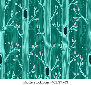 Seamless pattern with hand drawn trees, green woodland background, forest at spring. Pattern for fabric, textile and wrapping paper.