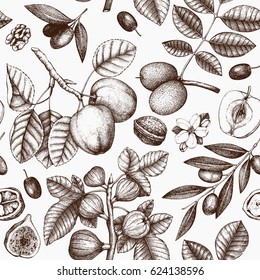 Seamless pattern with hand drawn trees sketch. Spring background with decorative olive, apple, fig, walnut illustration. Vector botanical elements.