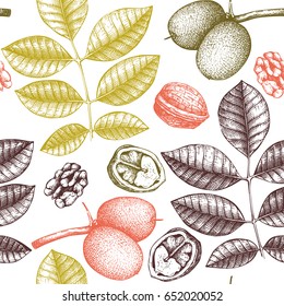 Seamless pattern with hand drawn trees sketch. Spring background with decorative walnut  illustration. Vector botanical elements. 