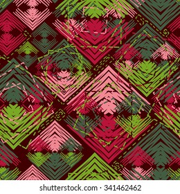 seamless pattern hand drawn triangles and rhombus with stitching on burgundy background