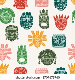 Seamless Pattern With Hand Drawn Tribal Masks. Aztec, Maya, Inca Masks. Vector Illustration.