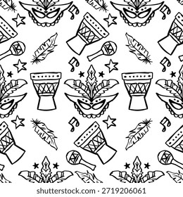 Patrón sin fisuras con la máscara tribal dibujada a mano, tambor y plumas. Blanco y negro. Ilustración vectorial.