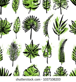 Seamless pattern of hand drawn tropical leaves and flowers.Vector illustration.