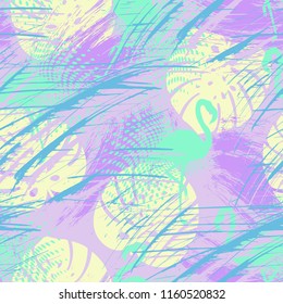 Seamless pattern of Hand drawn Tropical palm leaves, flowers, flamingo. Greeting card, invitation for summer beach party, flyer, textile print. Vector illustration. Grunge design style