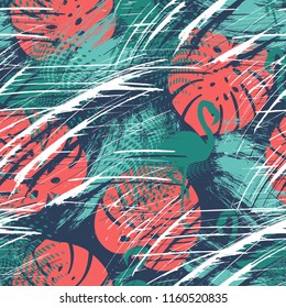 Seamless pattern of Hand drawn Tropical palm leaves, flowers, flamingo. Greeting card, invitation for summer beach party, flyer, textile print. Vector illustration. Grunge design style