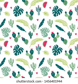 Seamless pattern with hand drawn tropical exotic leaves, cactus, watermelon. Creative modern texture for fabric, wrapping, textile, wallpaper, apparel. Vector illustration