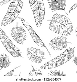 Seamless pattern with hand drawn tropical leaves and branches. Doodle elements, monochrome scetch floral background for fabric, textile, paper or web. Vector illustration.