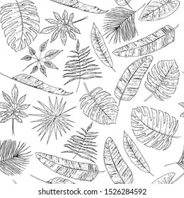 Seamless pattern with hand drawn tropical leaves and branches. Doodle elements, monochrome scetch floral background for fabric, textile, paper or web. Vector illustration.