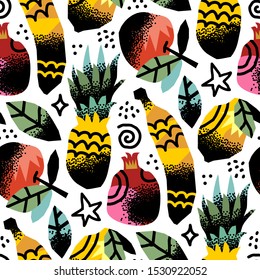 Seamless pattern of hand drawn tropical fruit mix