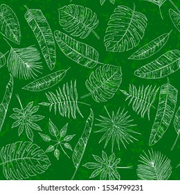 Seamless pattern with hand drawn tropical leaves and branches. Doodle elements, monochrome scetch floral background for fabric, textile, paper or web. Vector illustration.