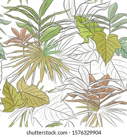 Seamless pattern of hand drawn tropical leaves in shades of greens, yellows and peaches