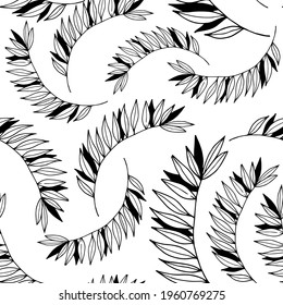 Seamless pattern hand drawn tropical plants, leaf, leaves. In doodle style, black outline isolated on a white background. Design element for card, poster, social media banner, digital paper. Vector.