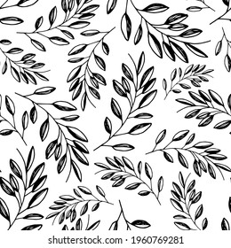 Seamless pattern hand drawn tropical plants, leaf, leaves. In doodle style, black outline isolated on a white background. Design element for card, poster, social media banner, digital paper. Vector.