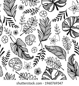 Seamless pattern hand drawn tropical plants, leaf, leaves. In doodle style, black outline isolated on a white background. Design element for card, poster, social media banner, digital paper. Vector.