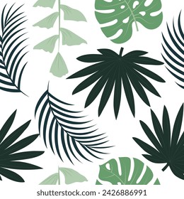 Seamless pattern with hand drawn tropical leaves on white background.