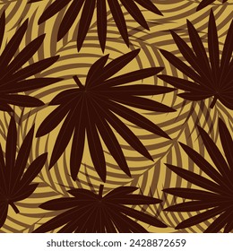 Patrón sin costuras con hojas de palma marrón tropical dibujadas a mano sobre fondo amarillo.