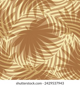 Seamless pattern with hand drawn tropical palm leaves on beige background.
