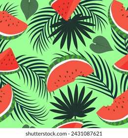 Seamless pattern with hand drawn tropical watermelon and palm leaves on green background.