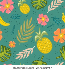 Seamless pattern with hand drawn tropical flowers. Vector illustration