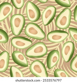 Seamless pattern with hand drawn tropical palm leaves and avocado slice on beige background.