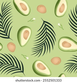 Seamless pattern with hand drawn tropical palm leaves and avocado slice on green background.