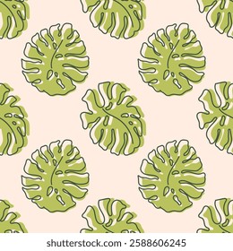 Seamless pattern of hand drawn tropical leaves. Jungle line monstera leaves. Nature floral background for wrapping paper, print, fabric, web, wallpaper. Summer botanical banner. Foliage texture