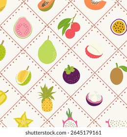 Seamless pattern with hand drawn tropical fruits. Colorful exotic fruit wallpaper with guava, lychee, pineapple, mangosteen. Summer botanical background for fabric, kitchen decor, wrapping paper.