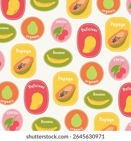 Seamless pattern with hand drawn tropical fruit stickers. Colorful cartoon badges with banana, mango, papaya, pear, lychee. Healthy organic summer fruit design for wrapping paper, print and decor.