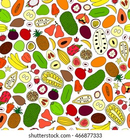 Seamless pattern with hand drawn tropical fruits of Hawaii.