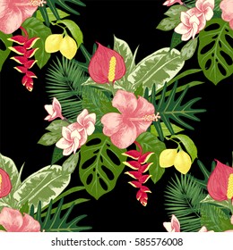 Seamless pattern with hand drawn tropical plants