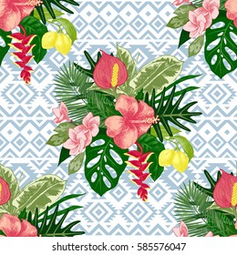 Seamless pattern with hand drawn tropical plants