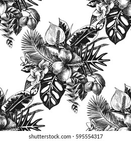 Seamless pattern with hand drawn tropical plants