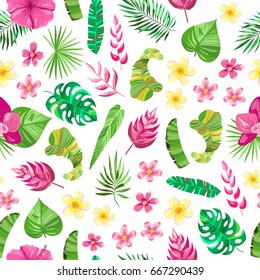 Seamless pattern with hand drawn tropical flowers, leaves and plants. Vector jungle paradise background perfect for textile and scrapbooking