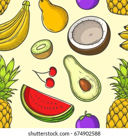 Seamless pattern of hand drawn tropical fruit vector illustration
