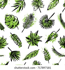 Seamless pattern of hand drawn tropical leaves.Vector illustration.