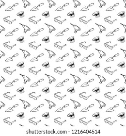 Seamless pattern hand drawn trowel, bucket, drill, glasses. Doodle black sketch. Sign symbol. Decoration element. Isolated on white background. Flat design. Vector illustration.