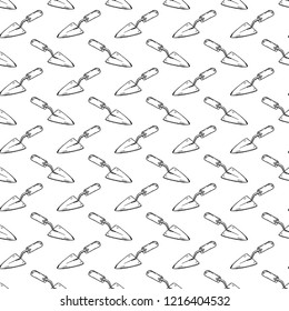 Seamless pattern hand drawn trowel. Doodle black sketch. Sign symbol. Decoration element. Isolated on white background. Flat design. Vector illustration.