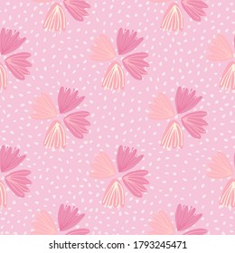 Seamless pattern with hand drawn tulip buds ornament. Background with dots. Soft pink palette artwork. Perfect for wallpaper, textile, wrapping paper, fabric print. Vector illustration.