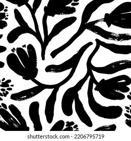 Seamless pattern with hand drawn tulip flowers. Black branches modern ornament, ink texture with foliage and buds. Abstract floral motif. Brush drawn flowers in naive style. Abstract daisy stems. 