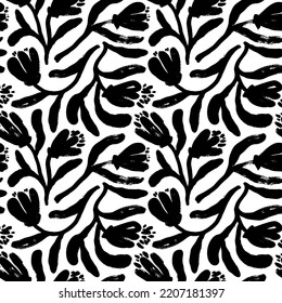 Seamless pattern with hand drawn tulip flowers. Black branches modern ornament, ink texture with foliage and buds. Abstract floral motif. Brush drawn flowers in naive style. Abstract daisy stems. 