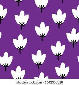Seamless pattern with hand drawn tulips. Violet and white background. Spring floral ornament. Doodle style. Easter holiday decoration. Ecology. For post cards, wrapping paper, textile and scrapbooking