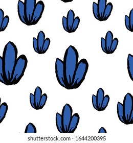 Nahtloses Muster mit handgezeichneten Tulpen. Blau-weißer Hintergrund. Osterdekoration im Frühling. Doodle-Stil. Sommerblumenschmuck. Für Postkarten, Textilien, Umhüllungen und Scrapbooking